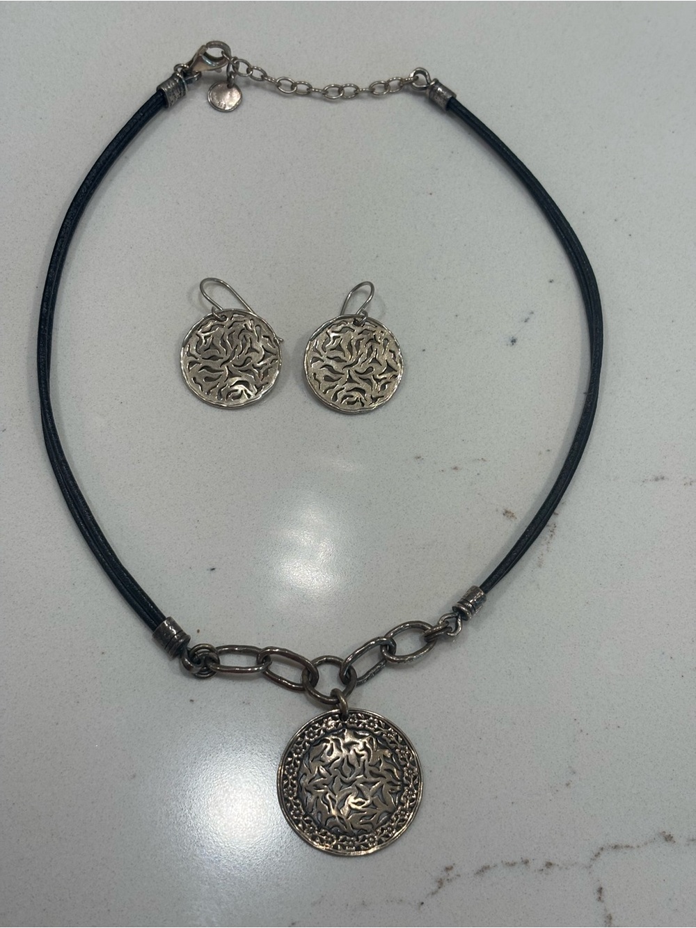 Silpada Sterling Silver Filigree Pendant w/ a black cord & Drop Earrings